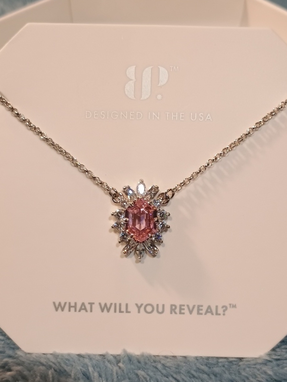 bp .925 Solid Sterling Silver Necklace with Pink Crystal Halo Pendant